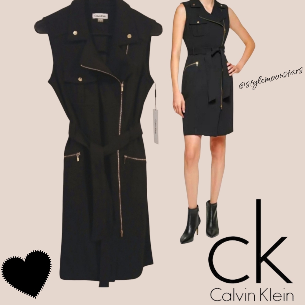 Calvin Klein Sleeveless Black Moto Sheath Midi Dress Size 6